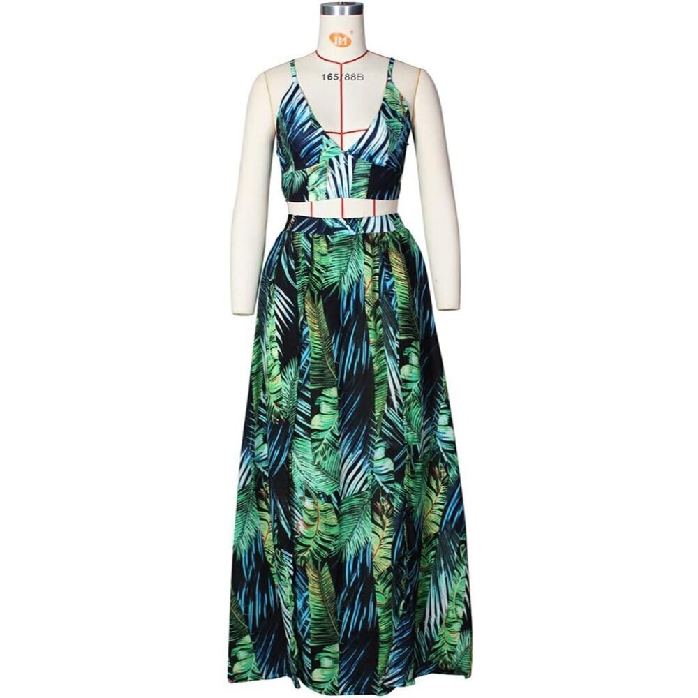 Women's Bohemian Chiffon 2 Piece Set Crop Cami Top & Maxi Dress Large - Picture 4 of 6
